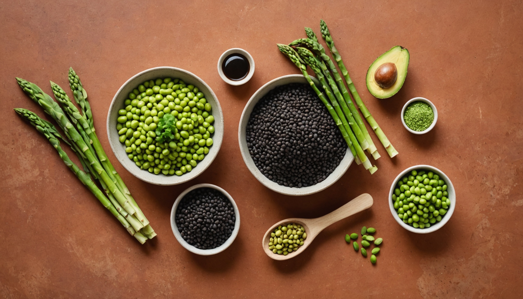 Lentejas negras, aguacate, espárragos, edamame y tortilla de maíz, alimentos ricos en folato para etapa preconcepcional.