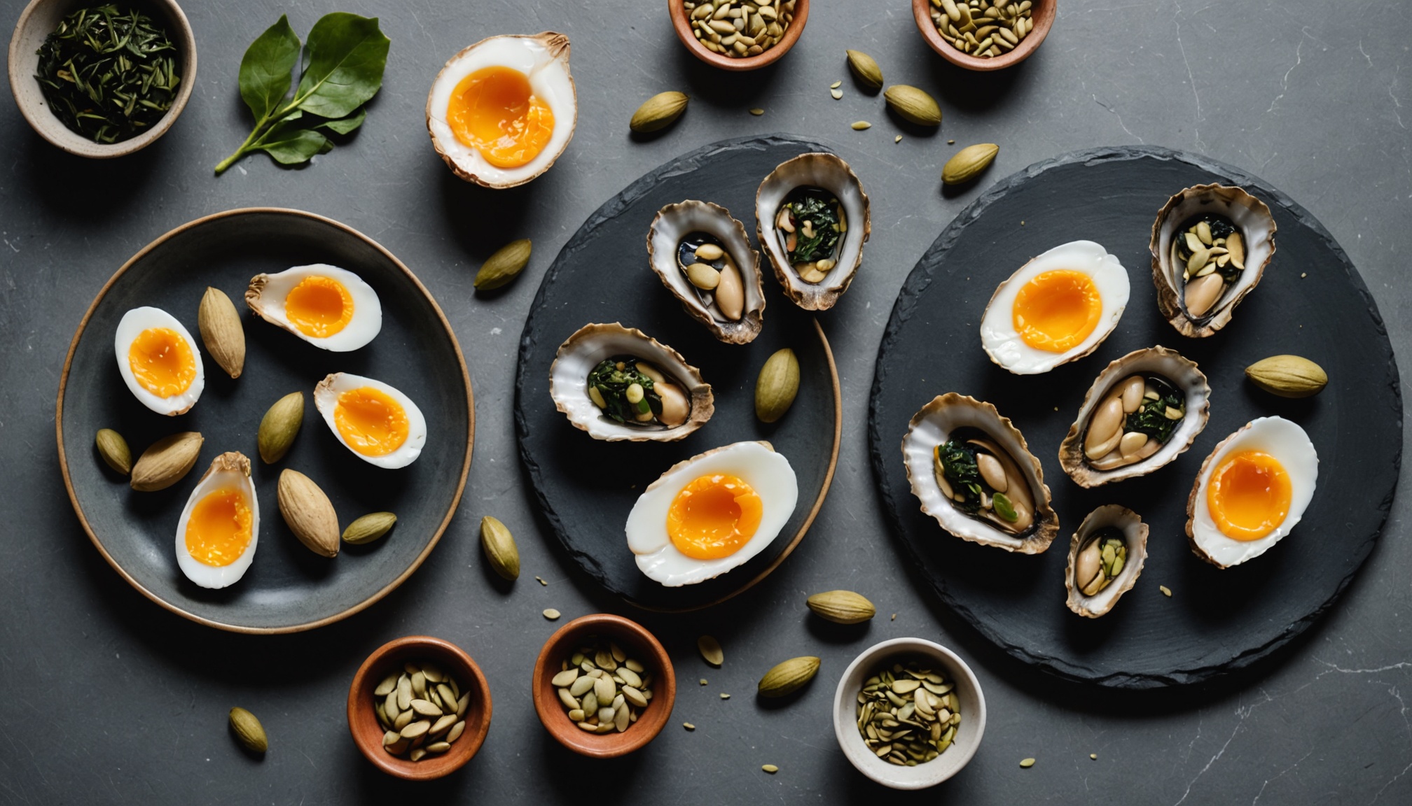 Nueces de Brasil, semillas de calabaza, huevo, algas wakame y ostras crudas sobre superficie de pizarra gris