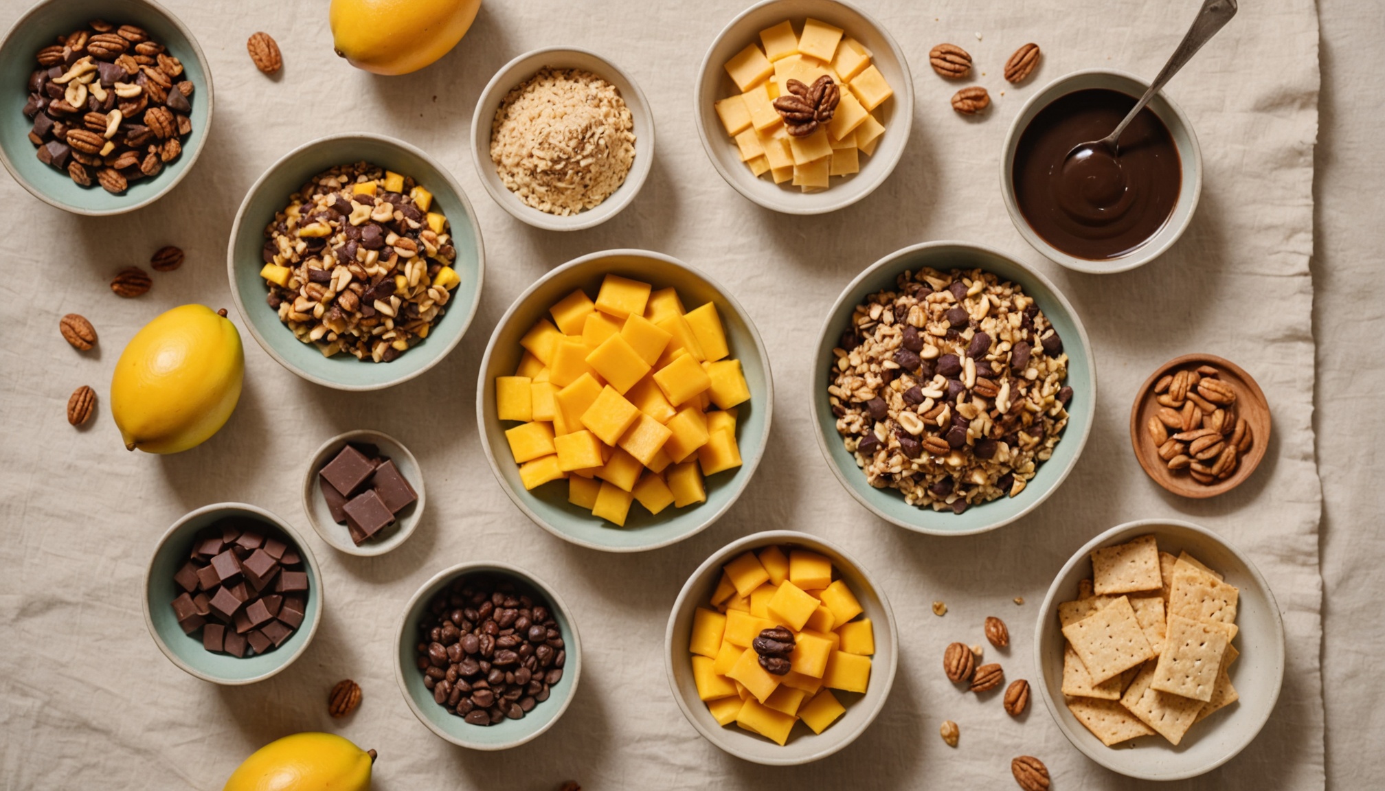 Mango fresco, hummus, galletas integrales, nueces y chocolate oscuro como colaciones nutritivas en el embarazo.