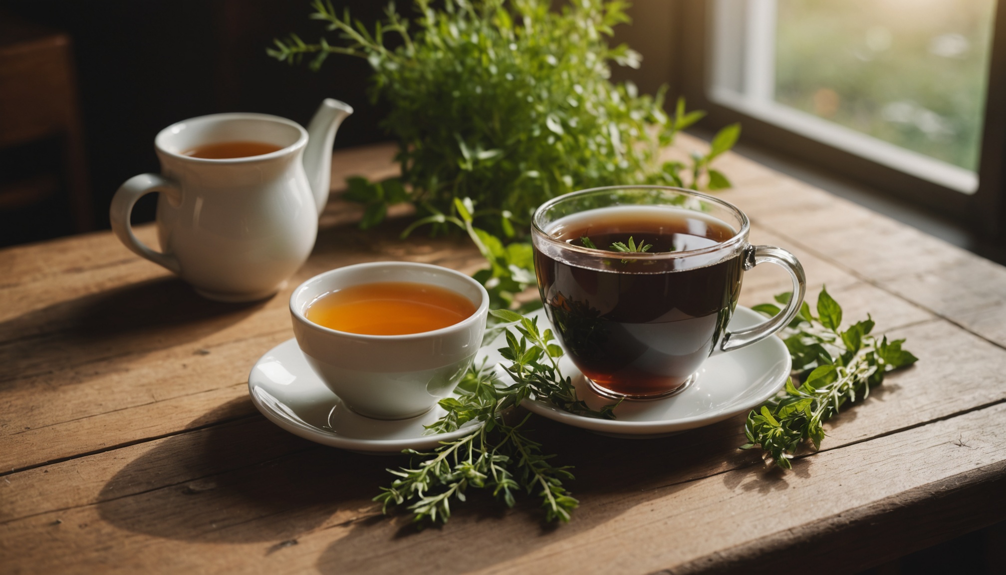 Taza de té de hierbas sobre mesa de madera con luz natural de mañana, ambiente tranquilo y cálido
