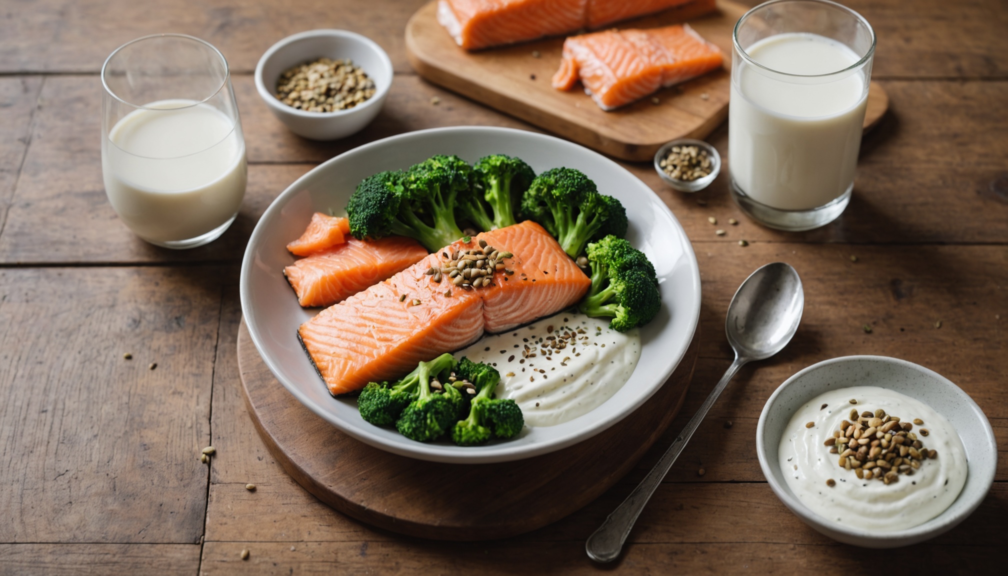 Plato saludable con salmón, brócoli y yogur con semillas para apoyar la salud ósea en la pubertad