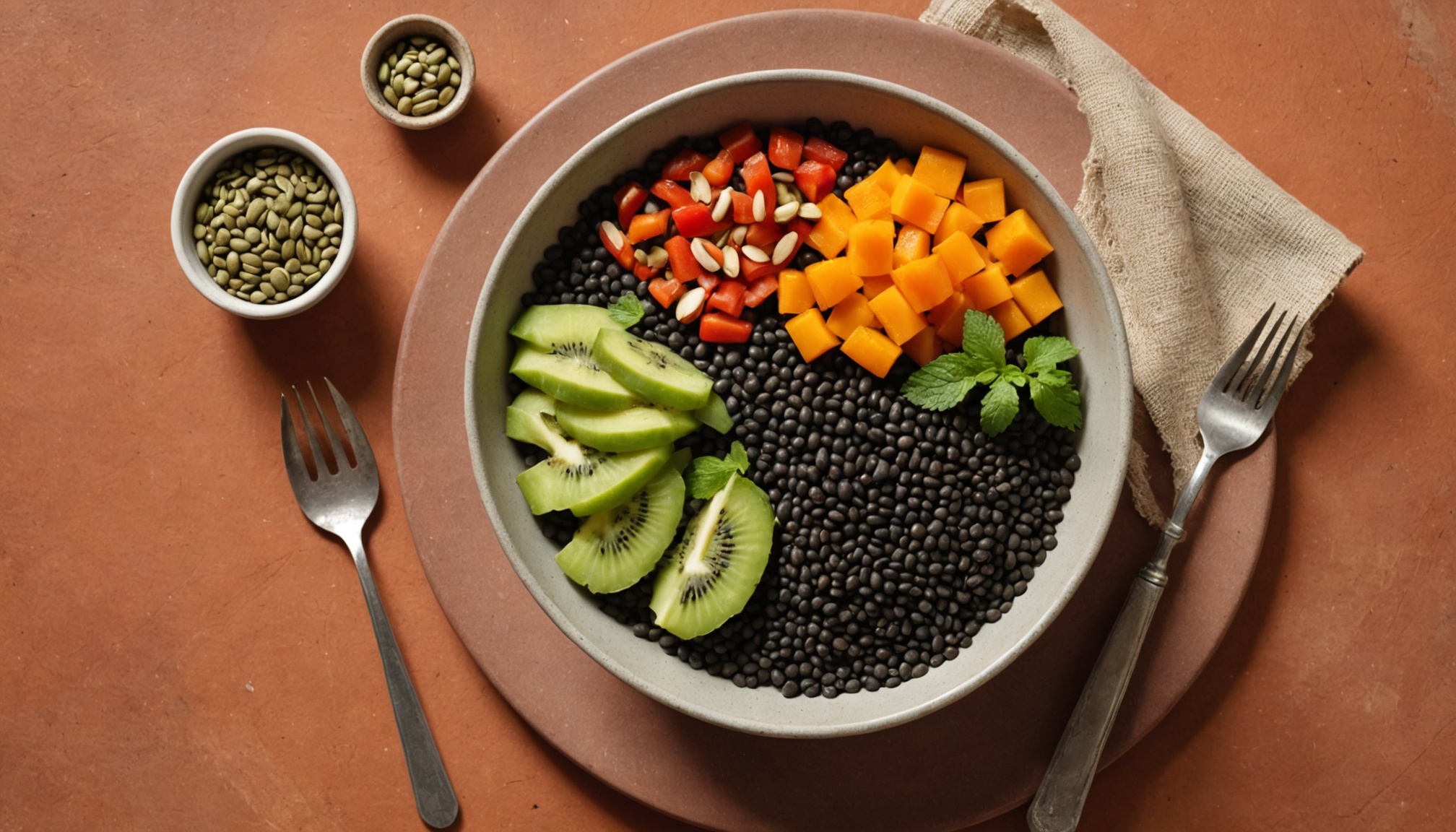 Lentejas negras, semillas de calabaza, sardinas, kiwi y pimiento rojo, alimentos ricos en hierro para adolescentes.