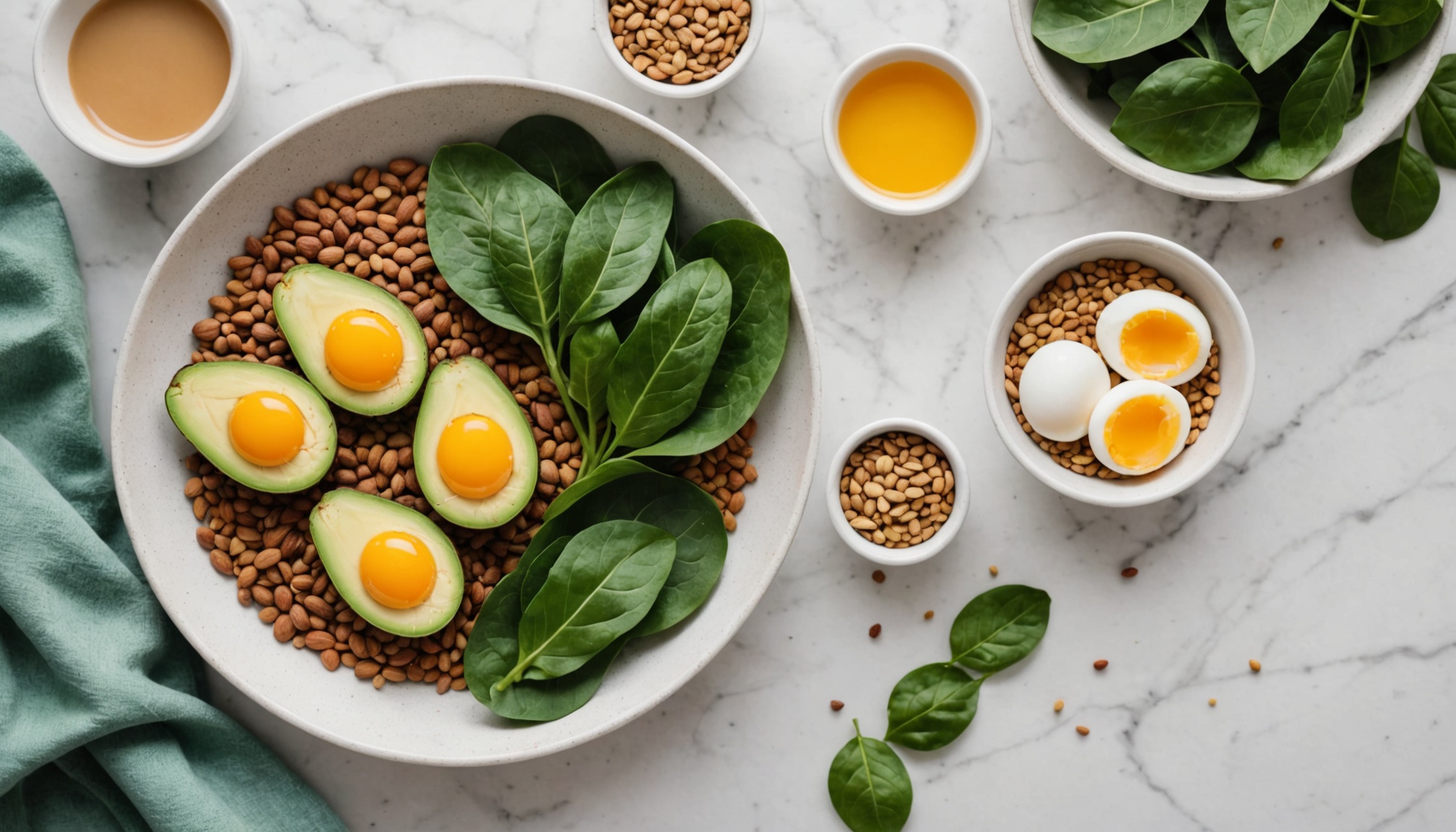 Aguacate, lentejas, almendras, huevos y espinacas frescos sobre mármol blanco, alimentos clave para SOP PMOS