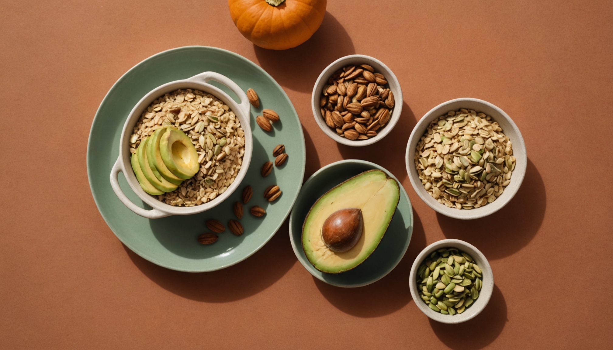 Avena, aguacate, semillas de calabaza, nueces y plátano sobre superficie terracota para energía en la pubertad.
