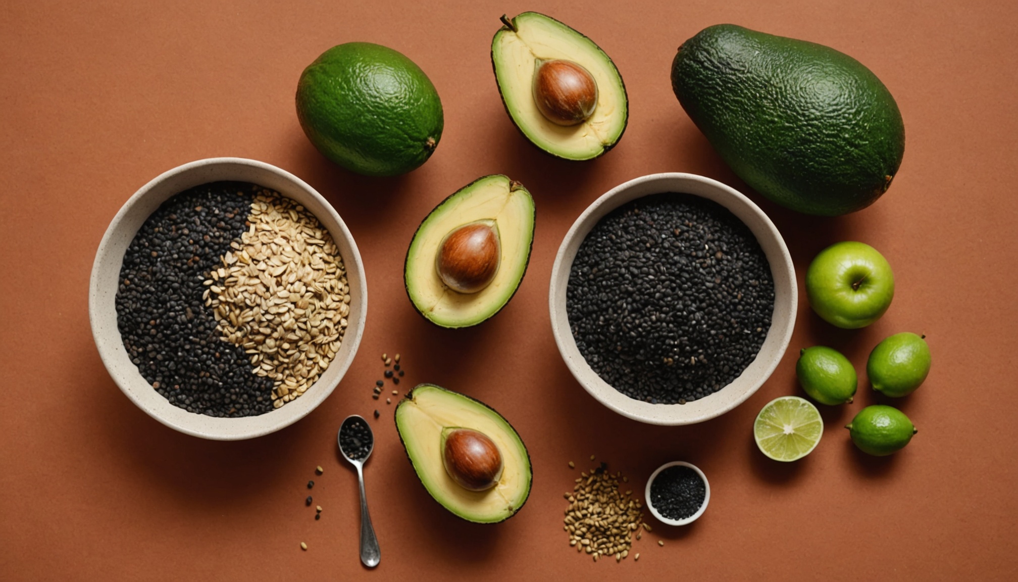 Avena en hojuelas, lentejas, semillas de chía, manzana verde y aguacate, alimentos ricos en fibra para apoyar el control del azúcar.
