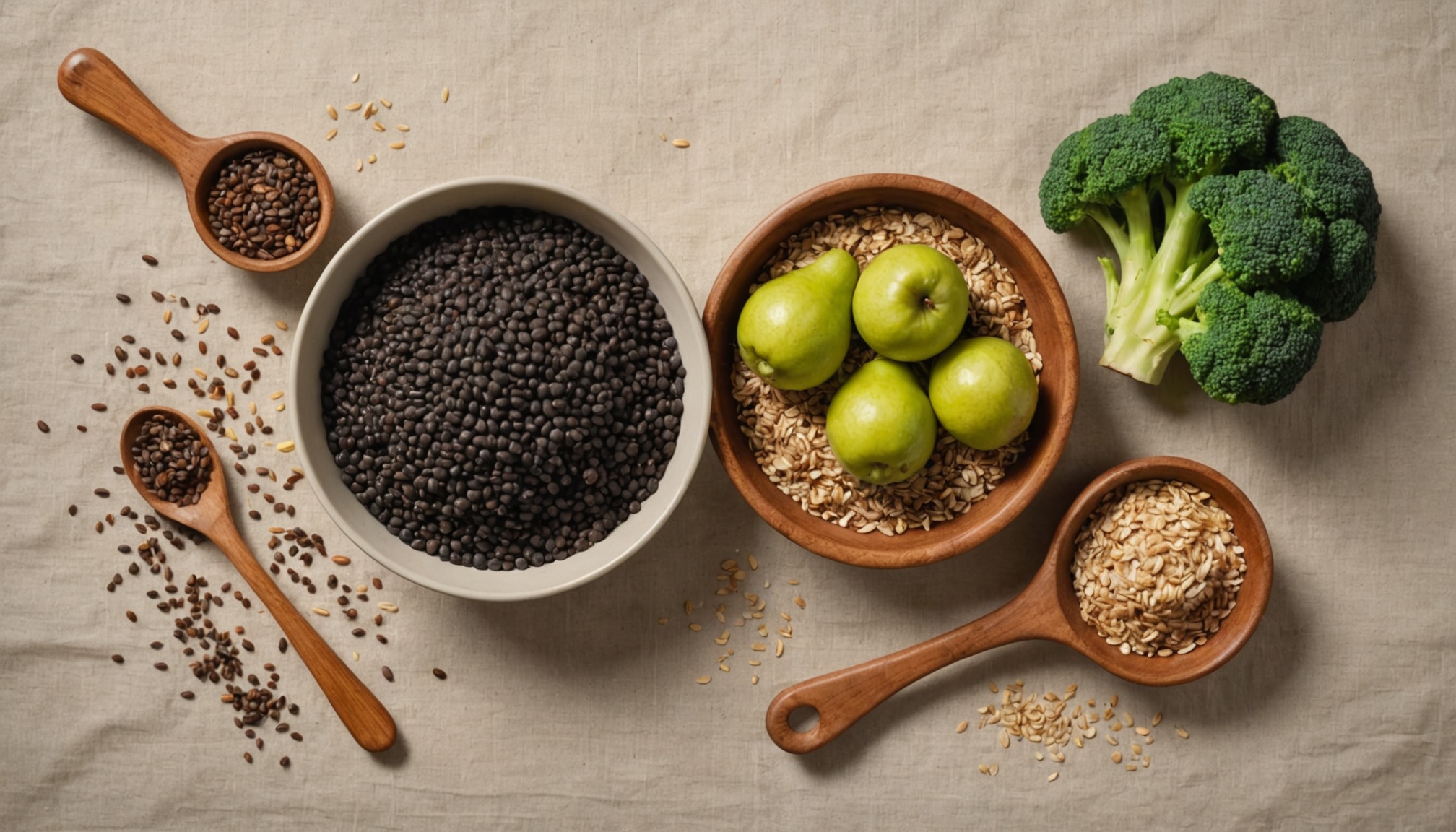 Lentejas negras, pera con cáscara, linaza molida, brócoli y avena sobre lino crema, alimentos ricos en fibra para la salud hormonal.