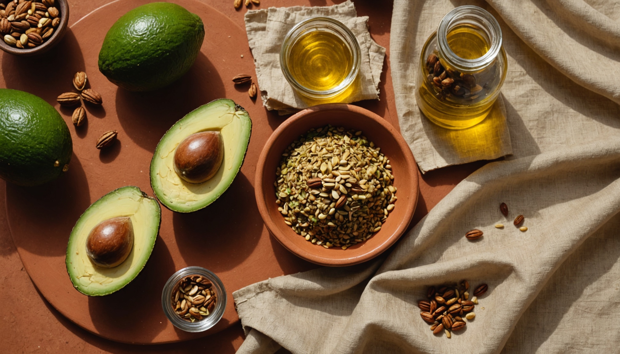 Aguacate partido, semillas de linaza, nueces, sardinas en lata y aceite de oliva extra virgen sobre tela terracota