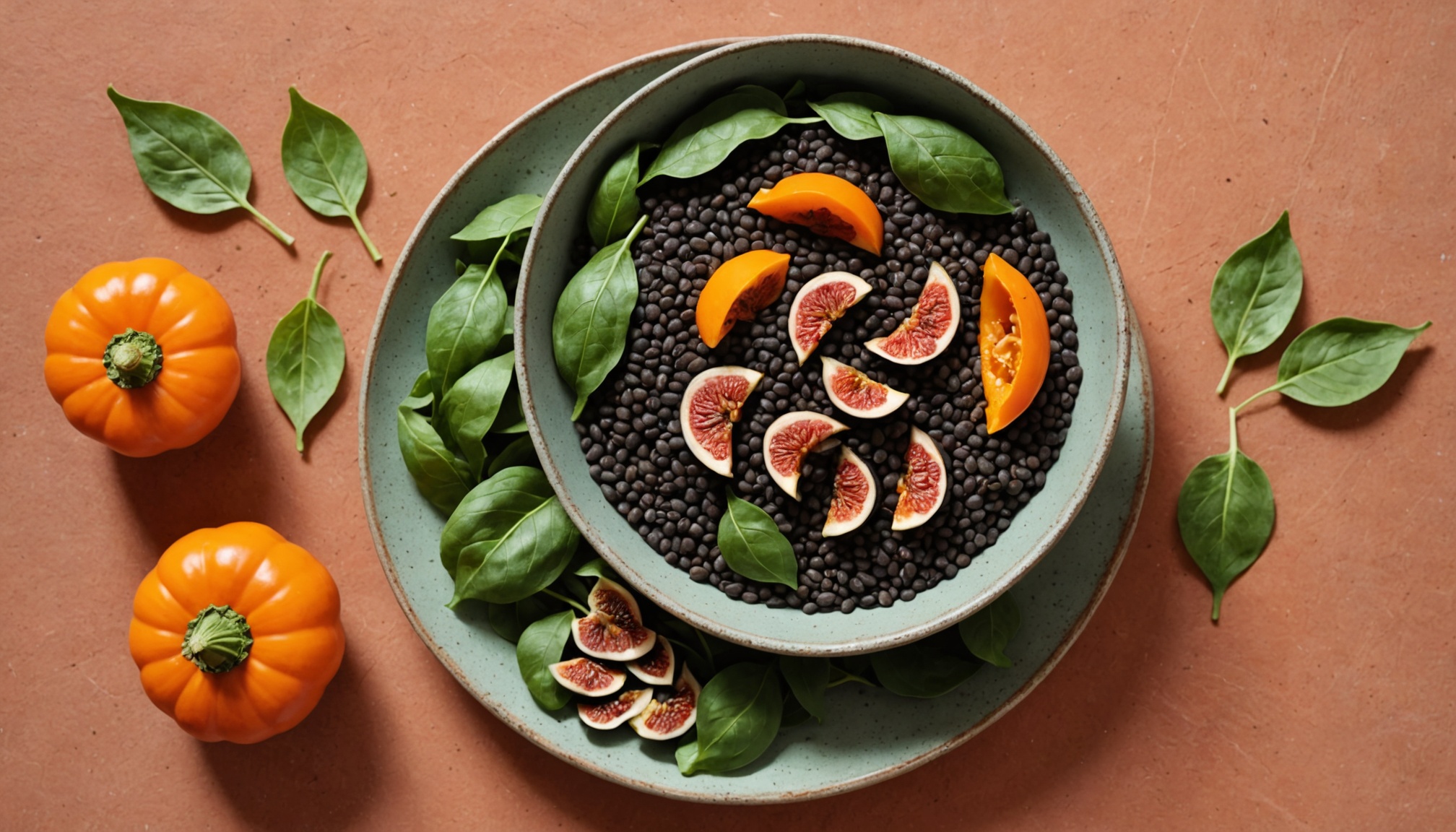 Lentejas negras, pepitas de calabaza, higos secos, pimiento rojo y espinacas frescas, fuentes de hierro para niñas.