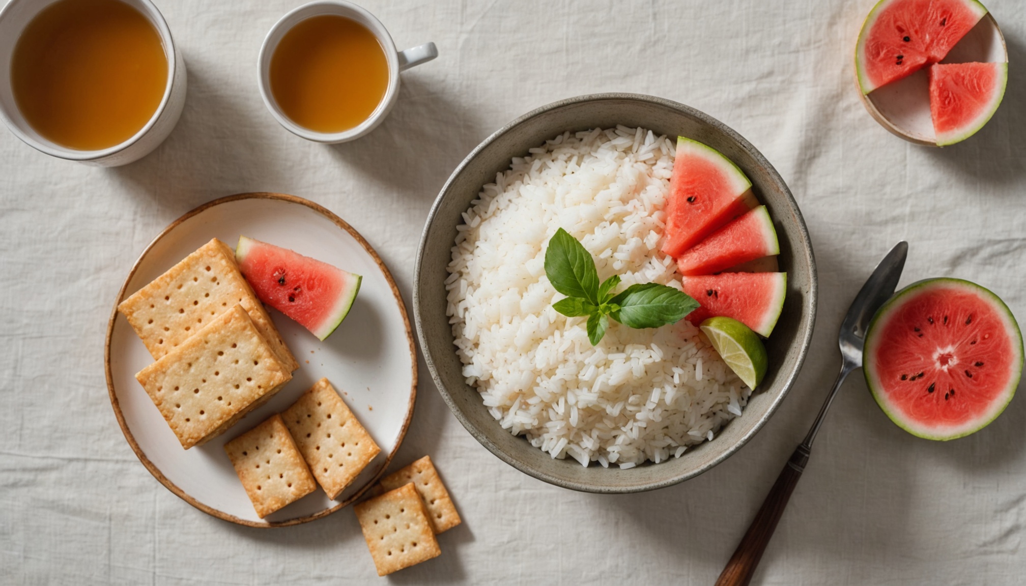 Arroz blanco, jengibre fresco, té de jengibre, galletas de arroz y sandía para náuseas del embarazo