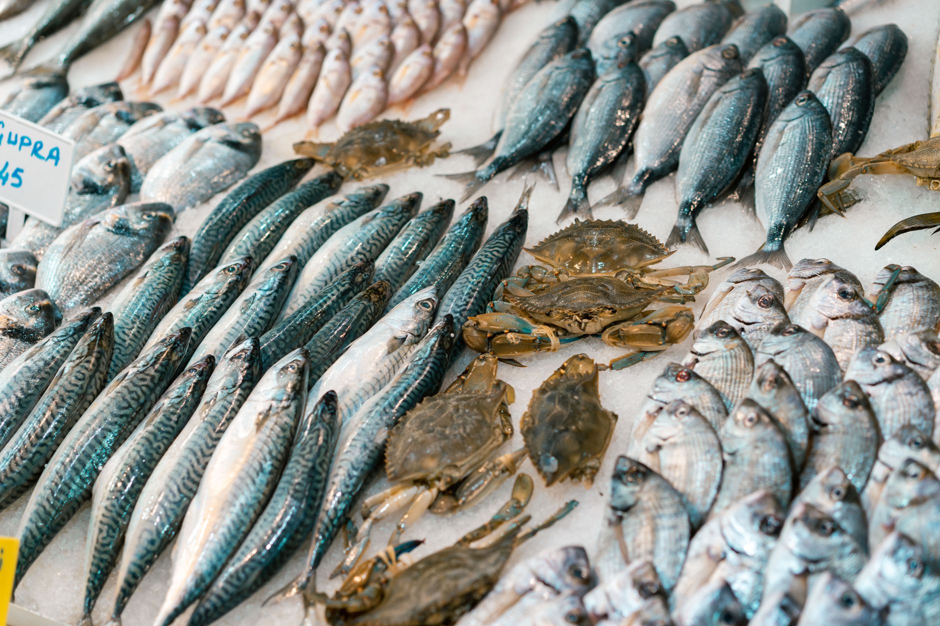 Pescados y cangrejos frescos sobre hielo en un mercado de mariscos.