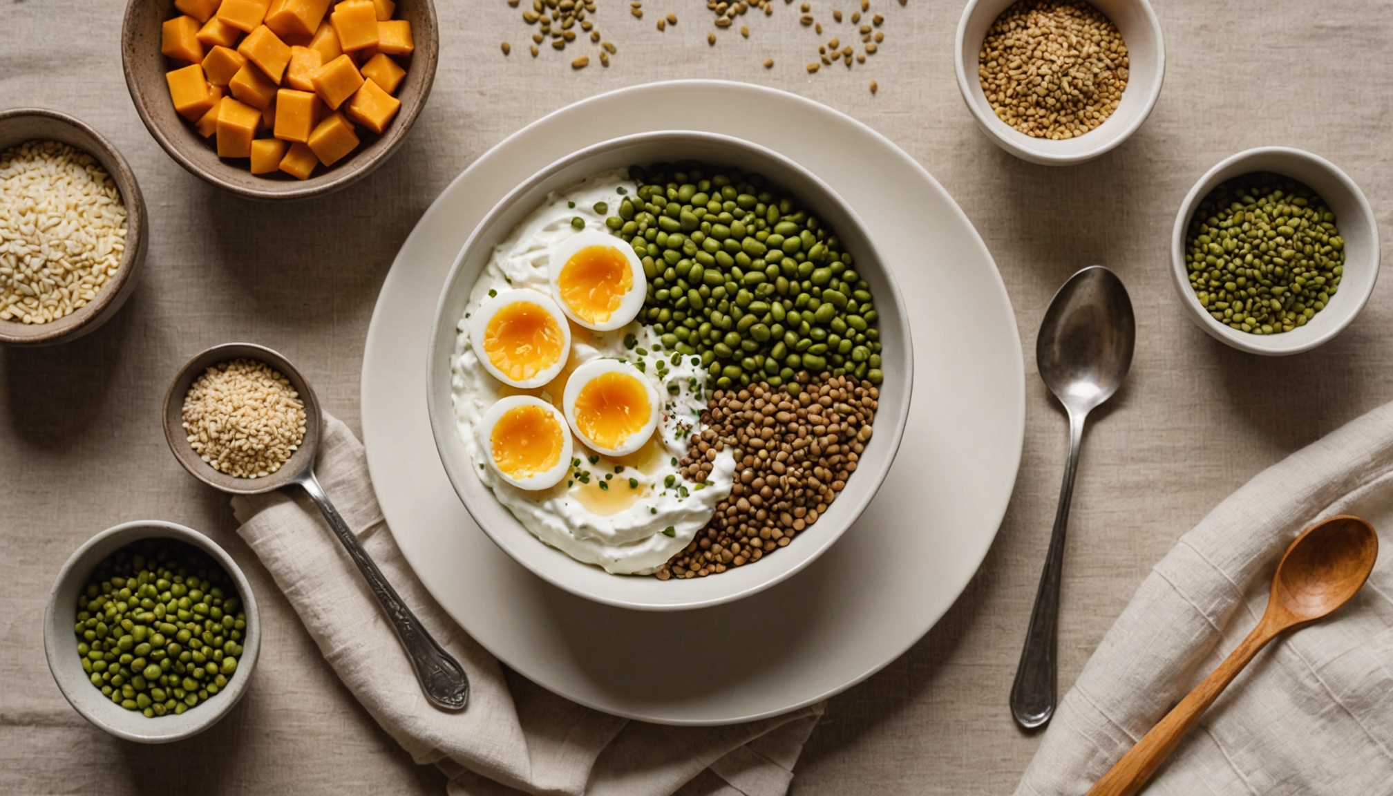 Yogur griego, huevo duro, lentejas, tofu y semillas de cáñamo como fuentes de proteína en la posmenopausia