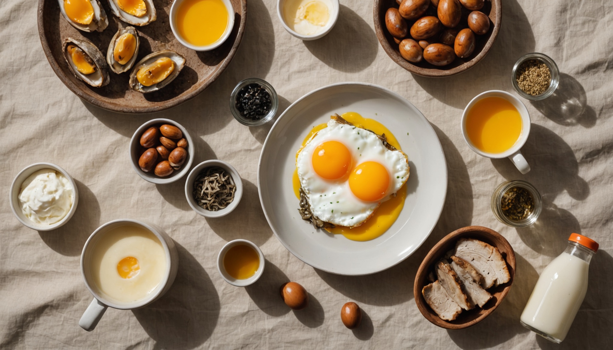 Yema de huevo, sardinas en aceite, hongos shiitake y vaso de leche fortificada, fuentes de vitamina D para la salud hormonal.